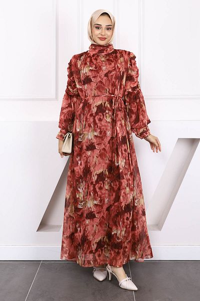İmajButik Rochie din șifon cu mâneci crem cu model
