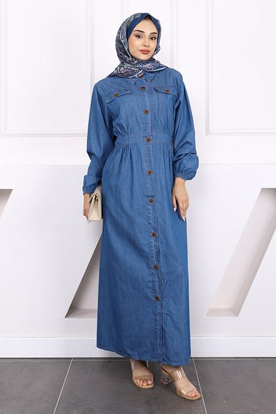 İmajButik Blue Pocket Button Denim Dress