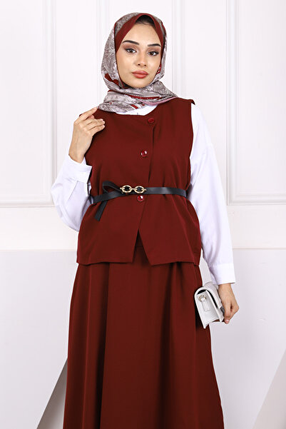 İmajButik Burgundy Belted Crepe Vest Skirt Suit