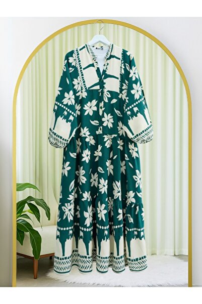 Modamorfo Half Button Sleeve Elastic Patterned Dress - Emerald