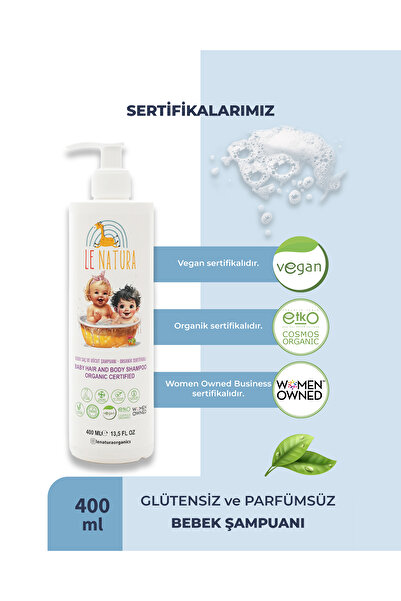 LE NATURA Organik Ve Vegan Sertifikalı Göz Yakmayan Bebek Şampuanı - Avantajlı Paket 2x400 ml