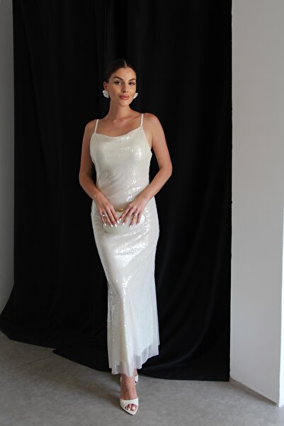 Julidress Κρεμ φόρεμα με παγιέτες στράπλες με επένδυση Maxi Long Length Premium