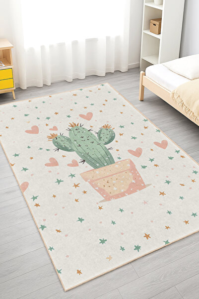 Realhomes Yeşil Kaktüs Desenli Çocuk Odası Yıkanabilir Kaymaz Taban Halı