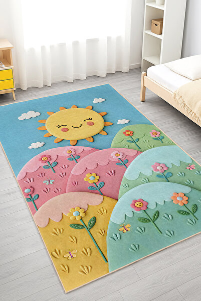 Realhomes Canlı Renklerde Güneş ve Çiçek Temalı Yıkanabilir Kaymaz Taban Halı