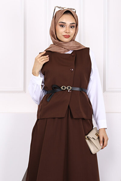 İmajButik Κοστούμι φούστας κρεπ γιλέκο καφέ ζώνη