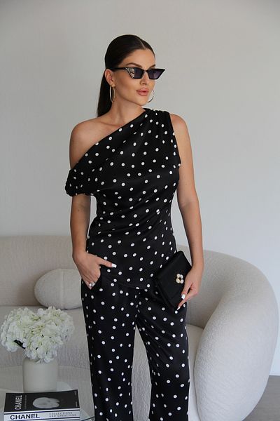Julidress Black Polka Dot Blouse and Pants Bottom Top Premium Satin Set