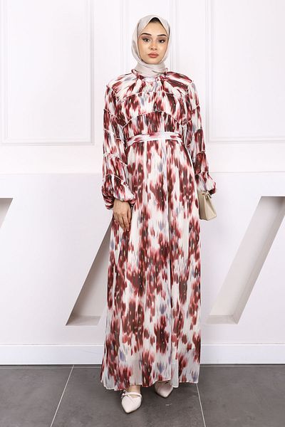 İmajButik Burgundy Belted Patterned Shirred Chiffon Dress