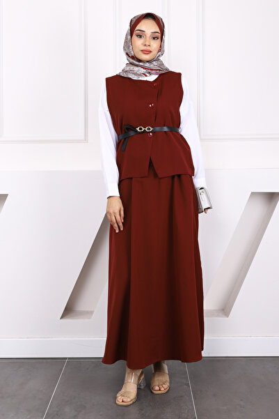 İmajButik Burgundy Belted Crepe Vest Skirt Suit