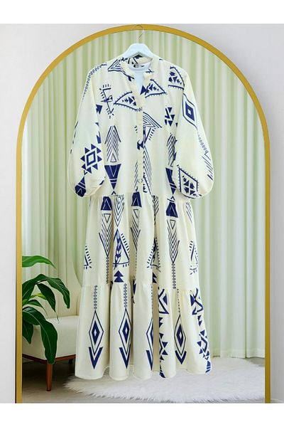 Modamorfo Half Button Sleeve Elastic Patterned Dress -Ecru