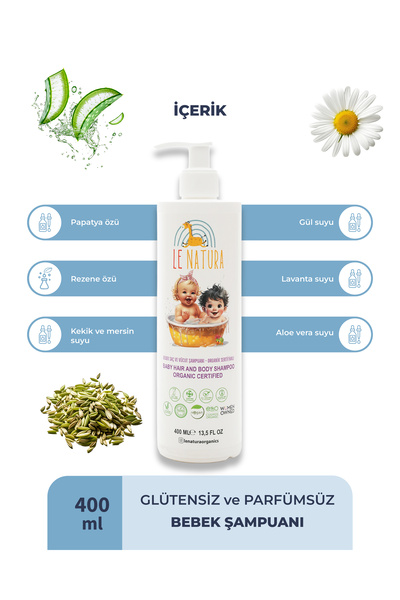 LE NATURA Organik Ve Vegan Sertifikalı Göz Yakmayan Bebek Şampuanı - Avantajlı Paket 2x400 ml