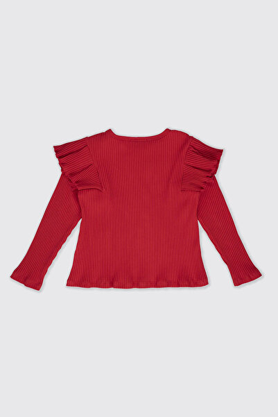 Panço Kız Çocuk Kolları Fırfır Detaylı Kırmızı Tişört