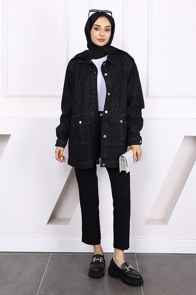 İmajButik Black Stone Embroidered Denim Jacket