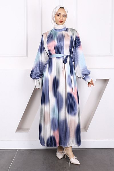 İmajButik Navy Blue Waist Belted Pleated Dress