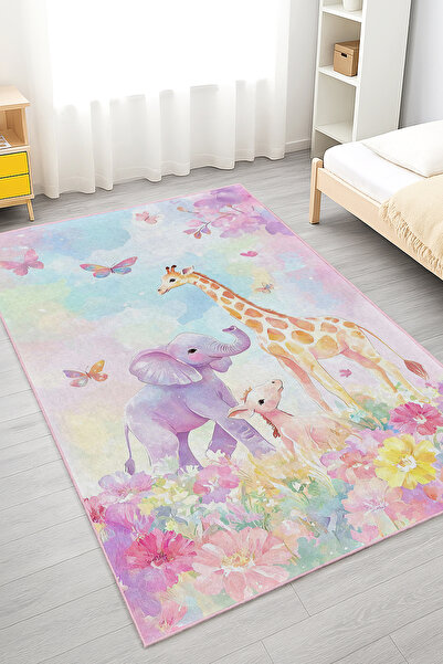 Realhomes Renkli Fil ve Zürafa Desenli Yıkanabilir Kaymaz Taban Halı