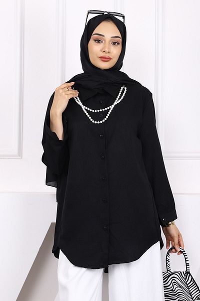 İmajButik Λινό πουκάμισο με μαύρο μαργαριτάρι κολιέ