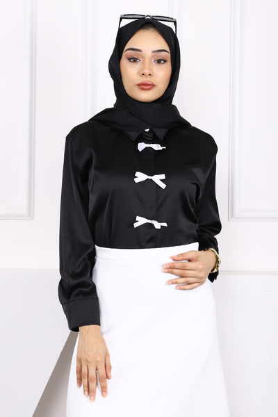 İmajButik Satenska košulja sa crnom mašnom