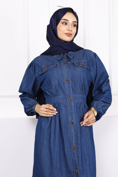 İmajButik Koyu Mavi Cepli Düğmeli Kot Elbise