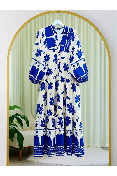 Modamorfo Half Button Sleeve Elastic Patterned Dress -Saks