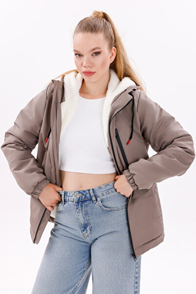 freemen Dámský zimní kabát a kabát s kapucí z norkové kožešiny a voděodolný proti větru