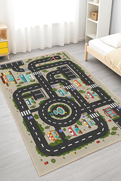 Realhomes Yol Teması Tasarımlı Çocuk Odası Yıkanabilir Kaymaz Taban Halı