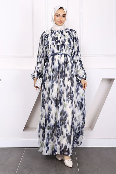 İmajButik Navy Blue Belted Patterned Shirred Chiffon Dress