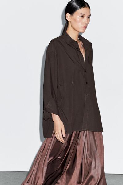 Massimo Dutti Asimetrik düğmeli poplin gömlek