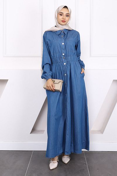 İmajButik Blue Buttoned Denim Dress with Elastic Waist
