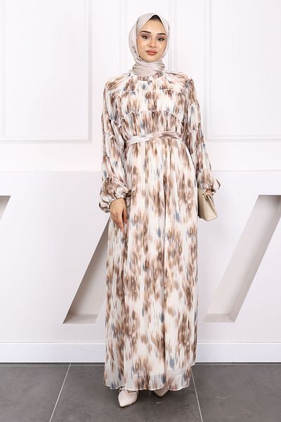 İmajButik Mink Belted Patterned Shirred Chiffon Dress