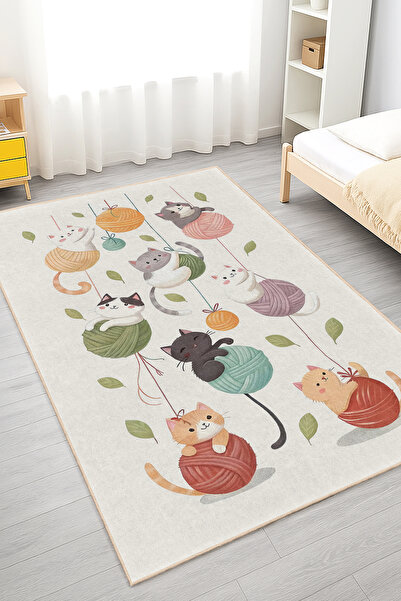 Realhomes Sevimli Kedi Motifli Çocuk Odası Yıkanabilir Kaymaz Taban Halı