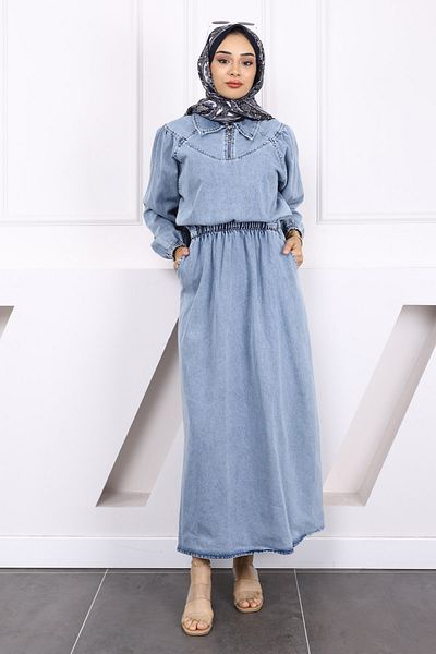 İmajButik Blue Waist Elastic Pocket Denim Dress