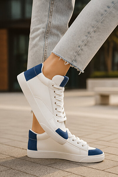 Nstil White Blue Women's Sneakers - Lace-Up and Serrated Sole, Suede Detailed Walking Sports Shoes 07