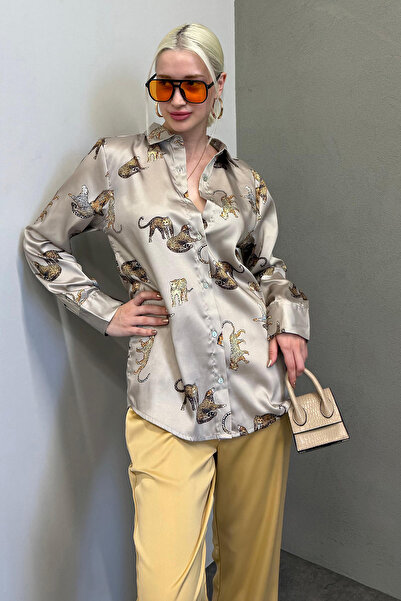 Madmext Mad Girls Leopard Ecru Satin Shirt Mg187