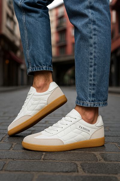 Nstil Pantofi de sport alb unisex de zi cu zi, cu șireturi, cusături, cu vârf oval, talpă zimțată, pantofi sport Hafir 353