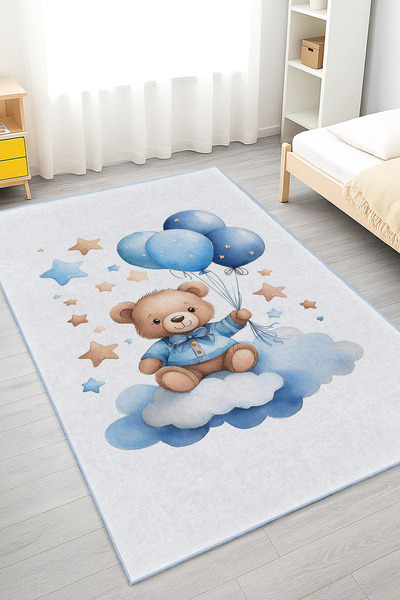 Realhomes Mavi Balonlar ve Yıldızlar Desenli Çocuk Odası Yıkanabilir Kaymaz T...