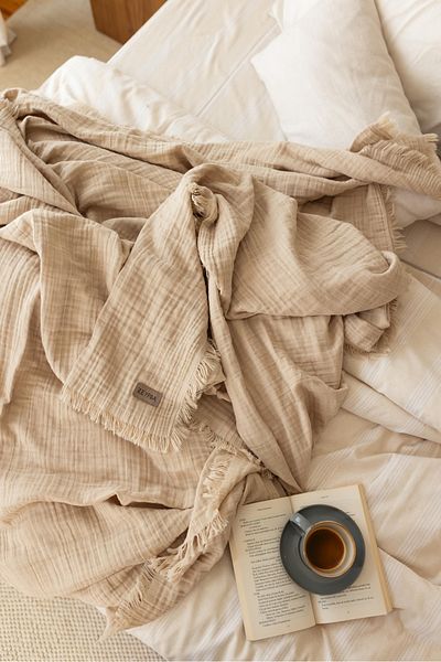 ZEYPBA Beige 3 Layer Muslin Double Muslin Bedspread Battal Size Muslin Tasseled Muslin Pique 240X240Cm