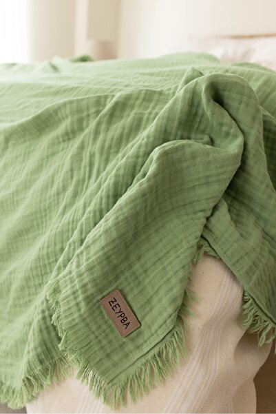 ZEYPBA 3 Katlı Müslin Yatak Örtüsü - Çift Kişilik | %100 Pamuk | Yeşil | 240x240 cm