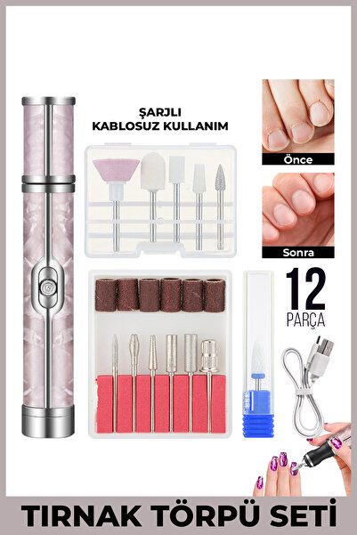 ALFAGİFT Şarjlı Manikür Pedikür Törpü Makinesi- 12 Parça Tırnak Freze Seti Tırnak Bakım Cihazı