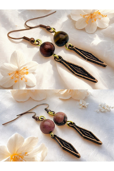 ayrestyle طقم أقراط مكون من قطعتين مع عين النمر وحجر الورد الطبيعي رودونيت - ...