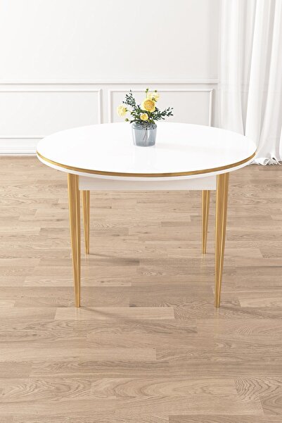 Canisa Beyaz 90 X 90 Sabit Yuvarlak Yemek Masası Gold Metal Ayak