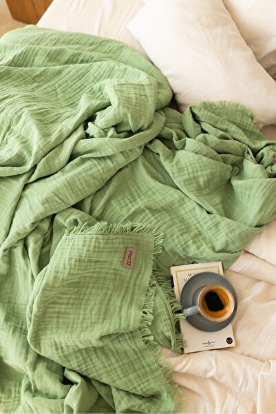 ZEYPBA 3 Katlı Müslin Yatak Örtüsü - Çift Kişilik | %100 Pamuk | Yeşil | 240x240 cm