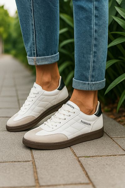 Nstil Pantofi de sport unisex alb de zi cu zi, cu șireturi, cusături, cu vârf oval, talpă zimțată, pantofi sport Hafir 353