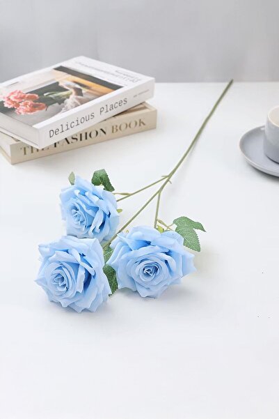 Buka Shops 3 Başlı Yapay Gül Dalı - 51 cm - Canlı Renklerde Dekoratif Tekli Satış - Mavi