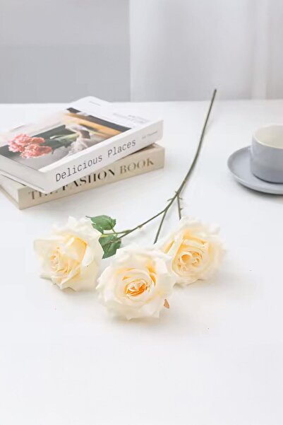 Buka Shops 3 Başlı Yapay Gül Dalı - 51 cm - Canlı Renklerde Dekoratif Tekli Satış - Şampanya