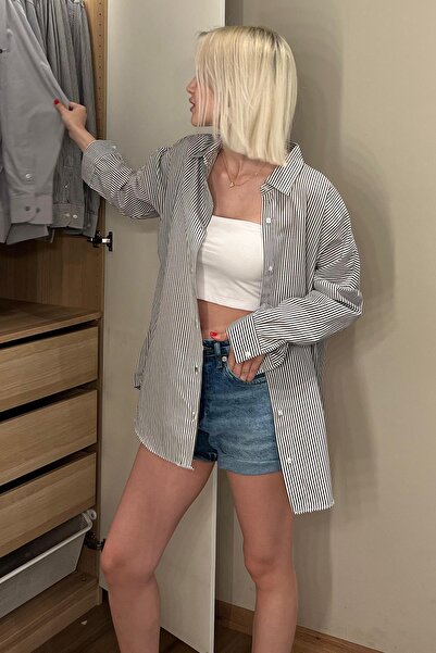 Madmext Siyah Çizgili Over Fit Gömlek Mg1525
