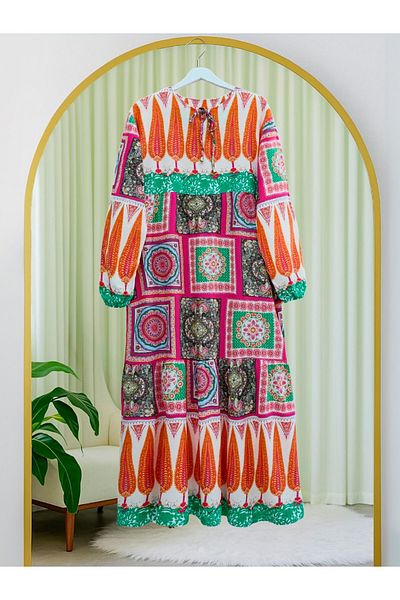 Modamorfo Ethnic Pattern Lace up Dress with Elastic Sleeves -Fuchsia
