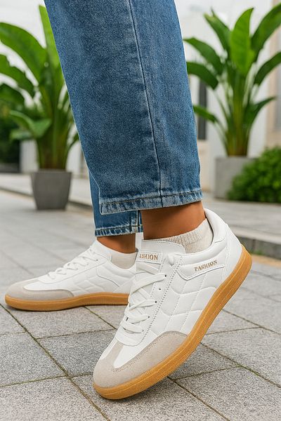Nstil Pantofi de sport alb unisex de zi cu zi, cu șireturi, cusături, cu vârf oval, talpă zimțată, pantofi sport Hafir 353