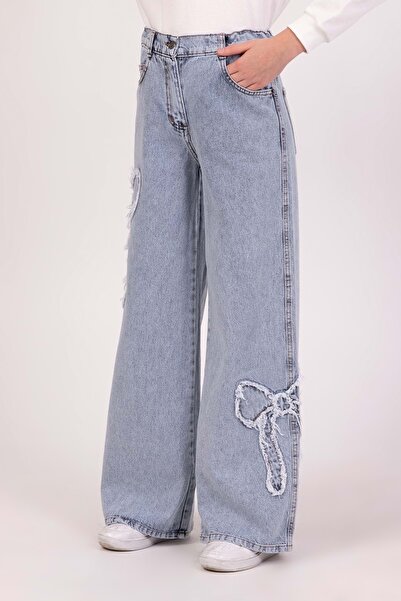DMB BOYS & GIRLS Pantaloni din denim pentru fete, brodate cu fundă, cu panglică, cu textura moale, cu picioare largi