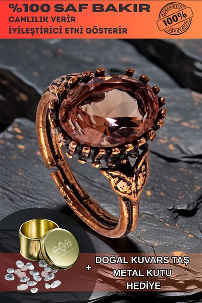 OSMANLI GÜMÜŞ Women's Copper Ring - Zultanite Stone Shuttle Tree Bark Model Thin Metal Box Quartz Stone Ring
