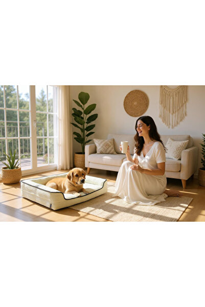 viscopet Premium Sofa Blok Sungerli Alezli Fermuarlı Yıkanabilir Köpek Yatağı-s-krem