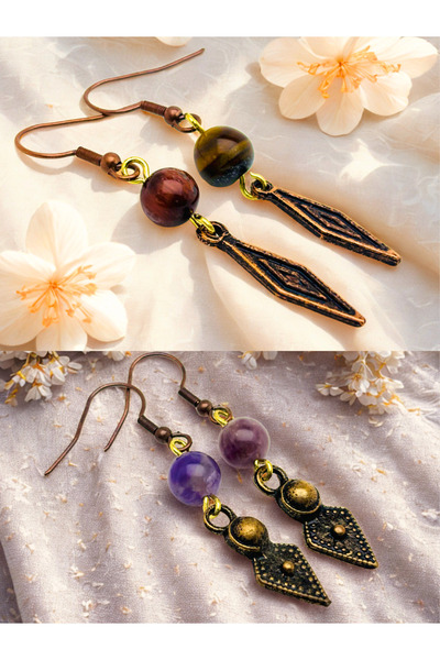 ayrestyle طقم أقراط من عين النمر والأميثيست من الحجر الطبيعي مكون من قطعتين -...